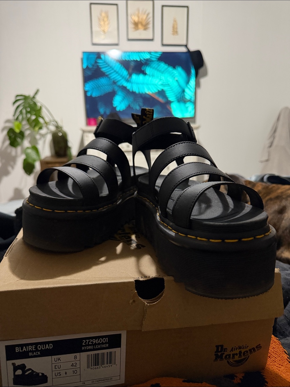 Dr. Martens Black Quad Platform Sandals with Yellow Stitching